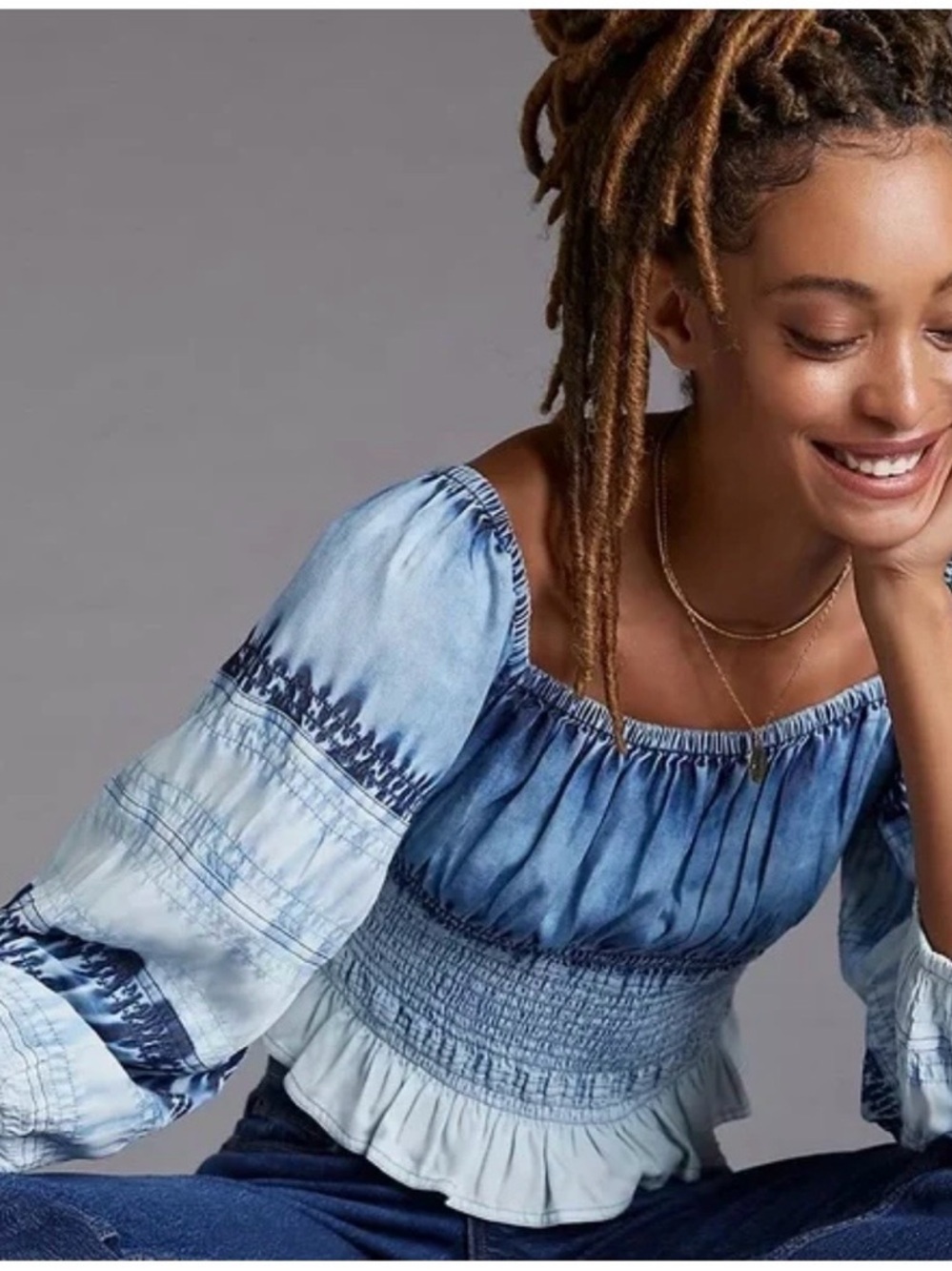 Anthropologie Pilcro Blue & White Off-Shoulder Smocked Tie-Dye Top